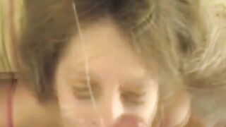 Guy cum on the girl's face after a blowjob
