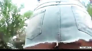 Girl masturbates her sweet pussy on the street in front of the camera