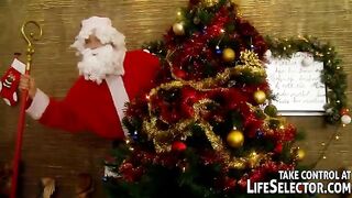 Russian whore honors five Santa Clauses by sucking their cocks and getting fucked