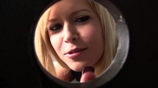Blonde woman sucks cock through the hole in the toilet bowl