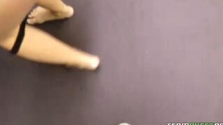 The cute blonde girl with big tits makes a sweet blowjob