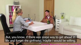 Blonde girl is fucking on the couch at the casting