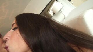 Two cute girls, Lena Nicole and Serena Blair, are fucking on the couch