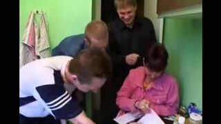 Foursome sex with a Russian mother and three guys in the kitchen