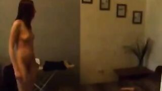A contented Russian girl relieves her stress by masturbating in the kitchen