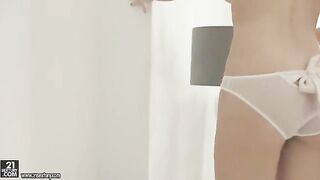 Skinny blonde masturbates her hairy pussy with intense pleasure in 60fps