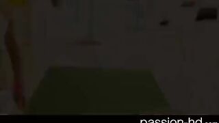 A cute brunette with natural tits fucks on the couch while listening to music