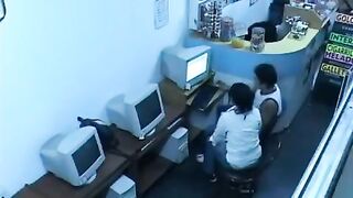 A guy almost fucks with a girl in the internet cafe webcam