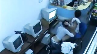 A guy almost fucks with a girl in the internet cafe webcam