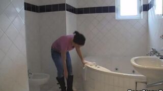 Cute brunette with natural tits fucked after taking shower