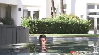 Sex in the swimming pool with a brunette beauty