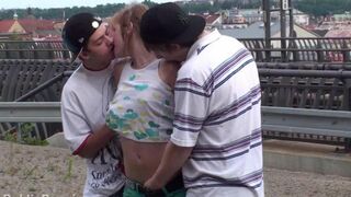 Amateur brunette gets fucked by two guys in an intense threesome
