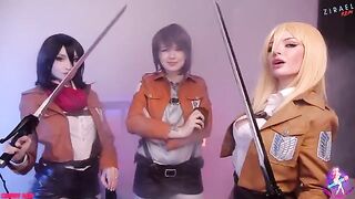 Cosplay threesome with Mikasa, Sasha, and Historia in wet pussies and close-up action - CUT version