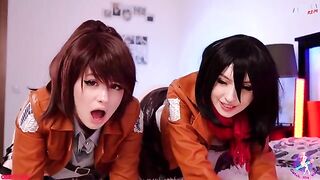 Cosplay threesome with Mikasa, Sasha, and Historia in wet pussies and close-up action - CUT version