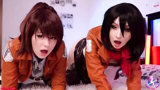 Cosplay threesome with Mikasa, Sasha, and Historia in wet pussies and close-up action - CUT version