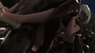 2B gets her pussy stretched by four huge slimy rods in this intense scene