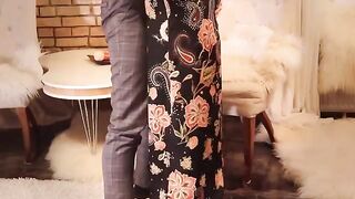 Passionate sex in black dress and silk stockings with a huge cumshot