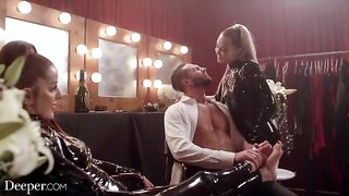 Avery and Vanna in a hot threesome with intense passion, wearing latex