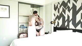 A fat woman fucks with a stranger in the hotel room where her husband is