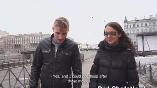 The first man with a package, Russian beauty gave a blowjob