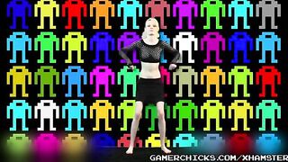 A blonde is dancing and stripping in front of a lot of men