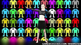 A blonde is dancing and stripping in front of a lot of men