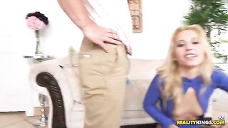 A blonde girl with cancer is having rough sex on the couch