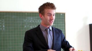 The student is fucking with her teacher in the classroom