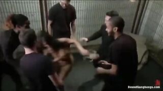 Cute brunette mocked by five guys who kidnapped her