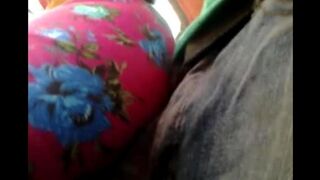 A man rubs his dick on the riser through the pants of a woman on the bus