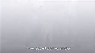 An animated girl is fucking with two big black monsters in an intense scene