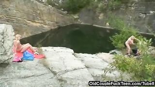 A mother and daughter share cock sucking and riding with father in a steamy threesome