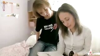 A student has fun with her classmate at home after their lessons