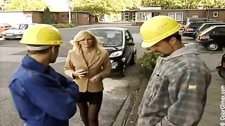 Girl in black pantyhose gets fucked on the set of porn