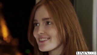 The man thoroughly licked the red hair of the woman, then fucked her hard