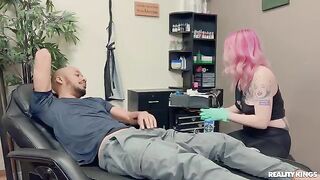 Tattooed beauty enjoys interracial sex