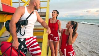 Two young lifeguards have a fun time with a guy in an FFM threesome