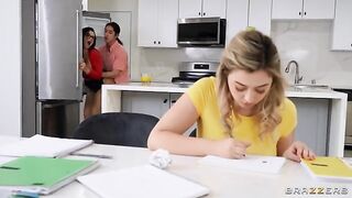 Natural tits threesome with a hot tutor and her tips