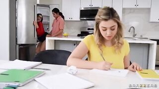 Natural tits threesome with a hot tutor and her tips