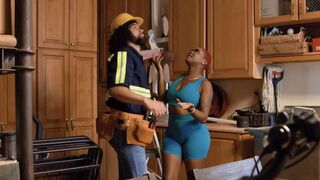 A role play with a girl in the uniform on the kitchen