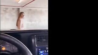 Public garage sex and flashing action with a redhead babe
