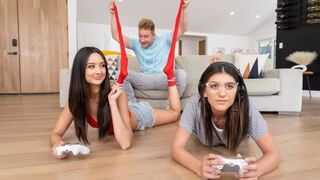 A hot girl is fucking her boyfriend in the gaming room