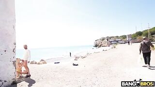 Bald guy fucked in ass on the public beach by a naughty girl