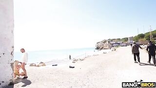 Bald guy fucked in ass on the public beach by a naughty girl