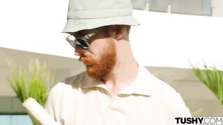 Redhead beauty fucked in her ass hole by two guys