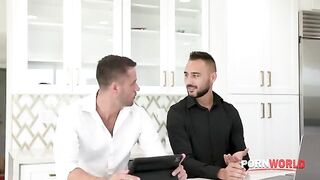 Our naughty boss gets his dick sucked by two blondies