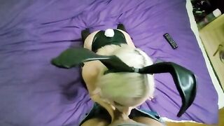 A cute girl in a bunny costume sucks the guy's dick