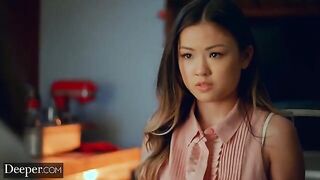 Two Asian hotties share a big white cock in an intense threesome