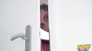 A girl is working in the forge when two guys come in to fuck her