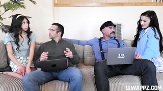 Two cute girls threw a party for their stepfather on the couch